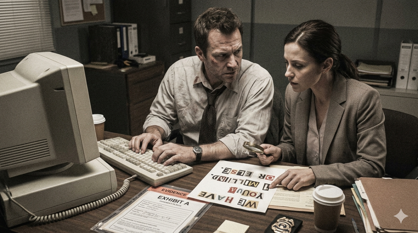 Evidence 3: The detectives examine the recovered pages before the next stage of the investigation.